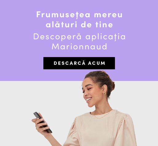 Banner promoțional cu text „Frumusețea mereu alături de tine – Descoperă aplicația Marionnaud”, fundal mov și buton negru „Descarcă acum”, imagine cu persoană ținând un telefon.